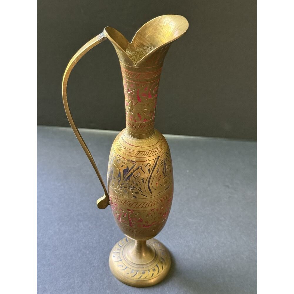 Vintage Etched Brass Pitcher Vase Vessel Engraved Handle Floral Boho Handcrafted - Picture 4 of 7
